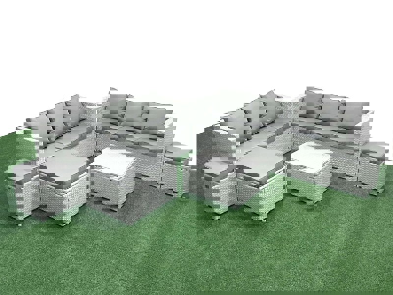 Fimous Rattan Garden Outdoor Furniture Set 9 Seater Rattan Garden Sofa Set with 3 Footstools Light Grey Mixed