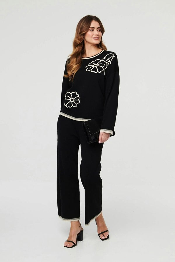 Black | Floral Trim Jumper & Trousers Co-Ord Set
