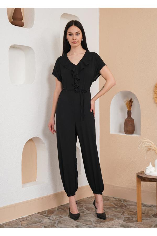 Hoxton Gal Oversized Short Sleeves Frilled Front Jumpsuit in Black