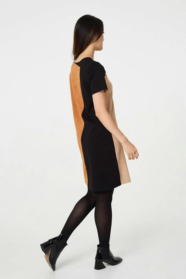 Beige | Colour Block Short Sleeve Midi Dress
