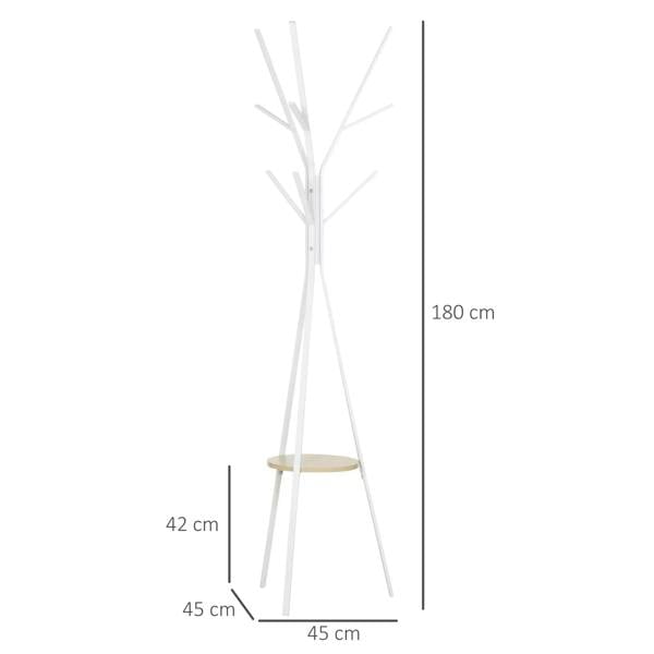 White metal freestanding coat rack, 180 cm height, 45 cm base, round shelf