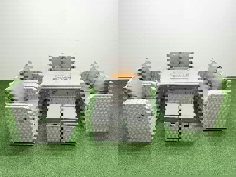 Fimous 8 Seater Outdoor Reclining Chair Love Sofa Set Rattan Garden Furniture Set with Fire Pit Dining Table 2 Stools Light Grey