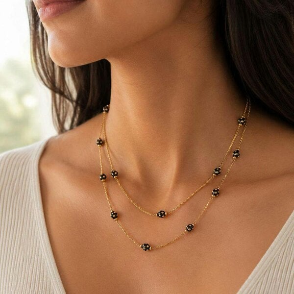 The Colourful Aura Gold Plated Double Layer Black Dotted Bead Necklace 18 Inch