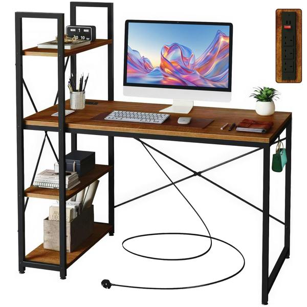 ADOV Computer Desk with Storage Shelves, 120 x 46cm Industrial Study Desk with Power Outlet for Home Office