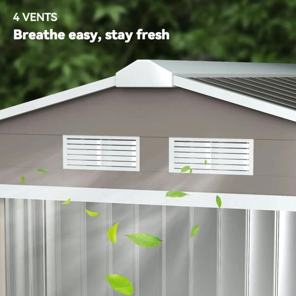 Grey metal shed with four ventilation vents under the roof ridge