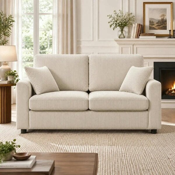 2 Seater Sofa, Corduroy Small Couch with Spring Cushion, Wide and Deep Seat, Beige - Beige