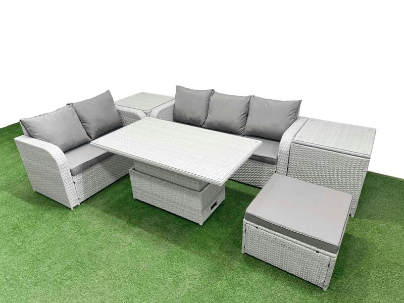 Fimous 6 Seater Wicker Patio Set, Rattan Garden Furniture, Adj Height Table, 3 Seater Sofa, Love Sofa, Big Footstool and 2 Side Tables, Light Grey