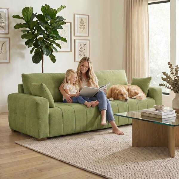 3 Seater Sofa, Upholstered Velvet Couch for Bedroom with Pillows, Padded Cushion and Wood Legs, Green