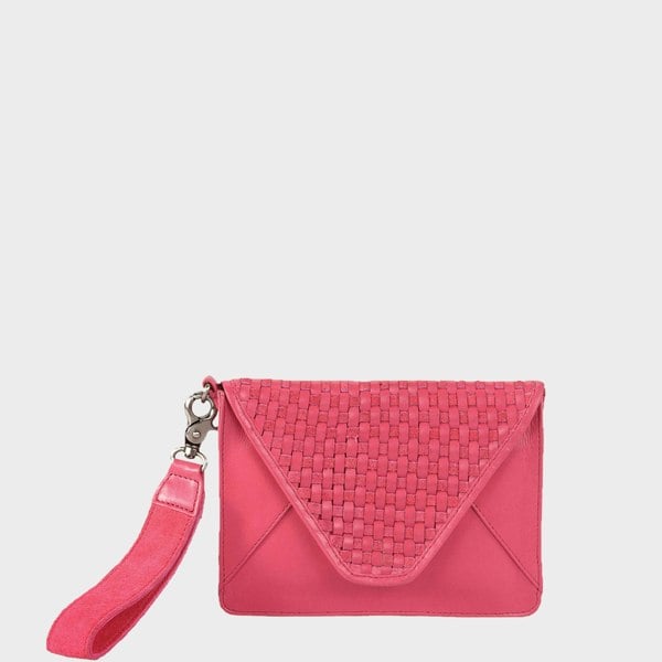 Assots London 'CRESCENT' Pink Leather Flap-over Woven Clutch Bag
