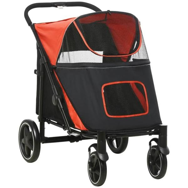 Red and black foldable pet stroller with mesh canopy and four large wheels.