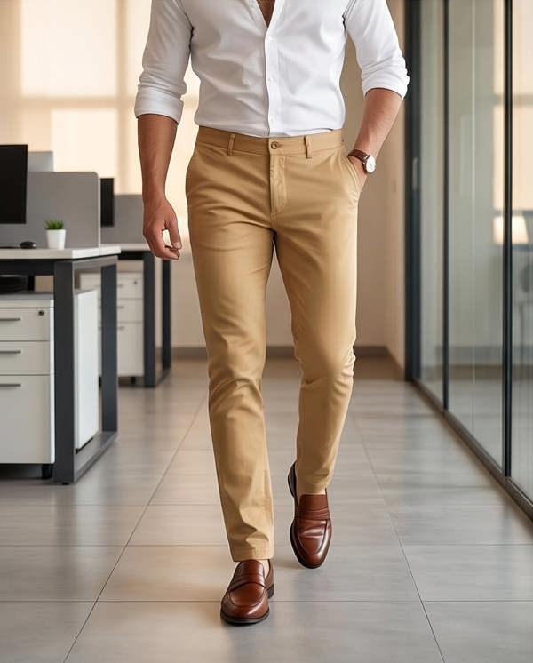 Person wearing a white shirt and beige pants in an office setting