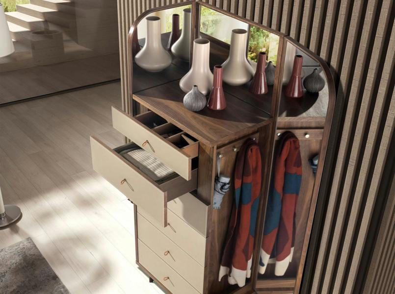 Angel Cerdá Leatherette, Walnut and Polished Steel Chest of Drawers With Mirror 7206