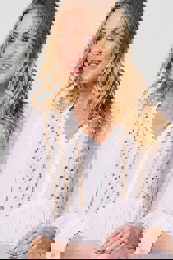 White | Embroidered V-Neck Tiered Smock Dress