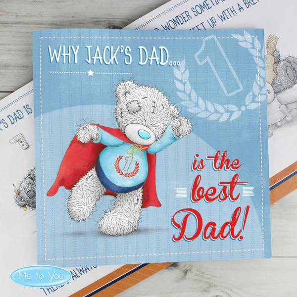 The front cover of a blue square personalised Me to You poem book showing Tatty Teddy in a red superhero cape with text reading Why Jack's Dad is the best Dad.