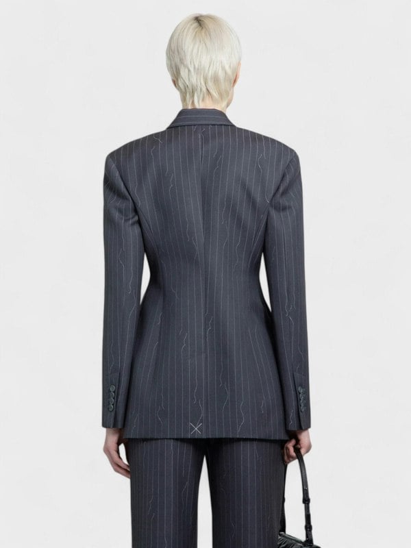 Off - White Pinstripe Fitted 3 Button Blazer Jacket Dark Drey - Supplied FashionOff White