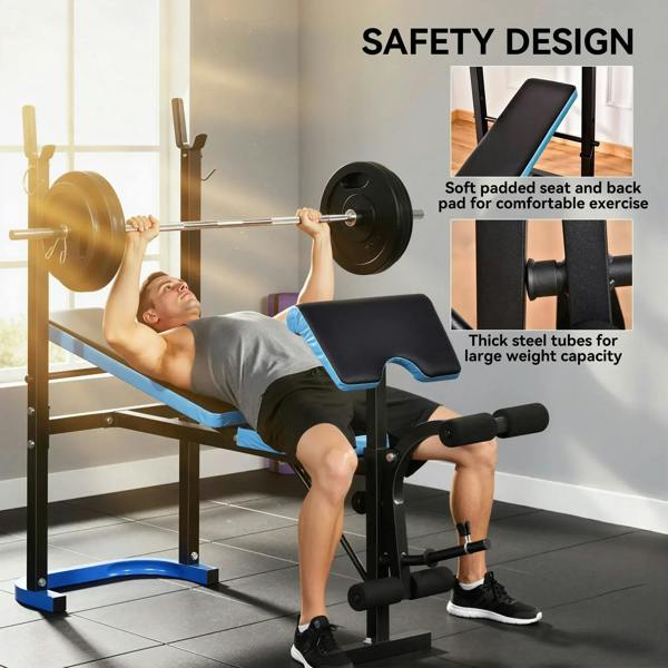 Adjustable bench with thick black padded seat and back, blue trim, barbell support