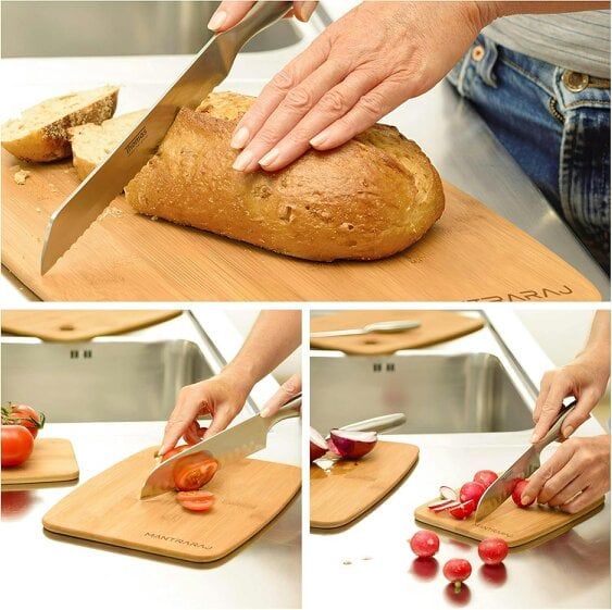 MANTRARAJ Bamboo Chopping Boards Set of 3 Various Sizes Kitchen Set Cutting Boards Easy-Grip & Hanging Holes