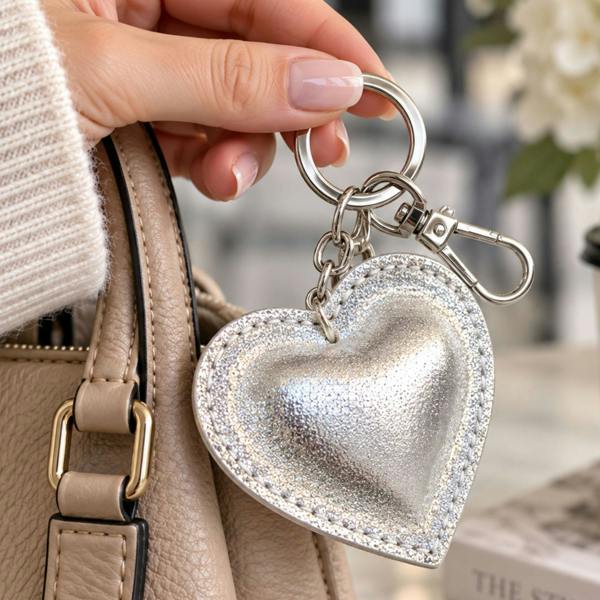 Love EMVY Genuine Leather Metallic Heart Keyring & Bag Charm - Silver