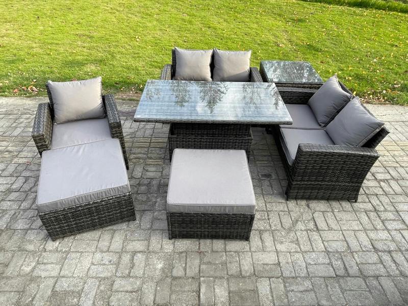 Fimous 7 Seater Outdoor Rattan Patio Set, Garden, Adj Height Table Sofa Dining Sofa, Side Table and 2 Big Footstools, Dark Grey Mixed