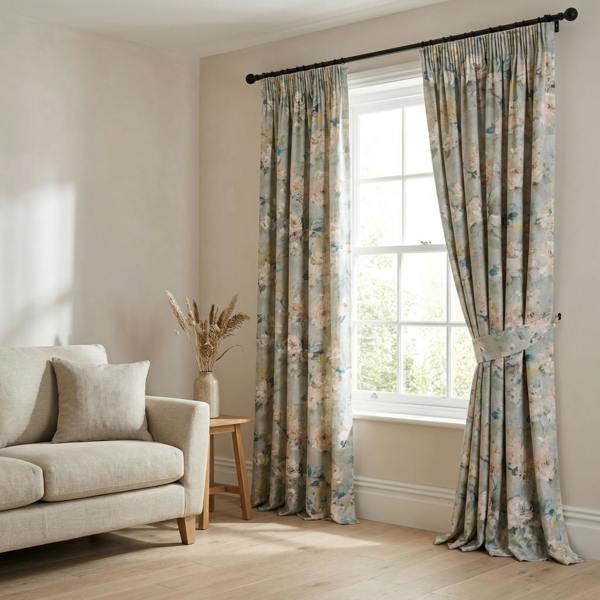 Harmony made-to-measure curtains in Blossom, styled in a living room