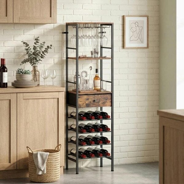 Industrial Wine Bar Cabinet Freestanding Liquor Cabinet 16-Bottle Wine Rack Glass Holder Rustic Brown - Brown