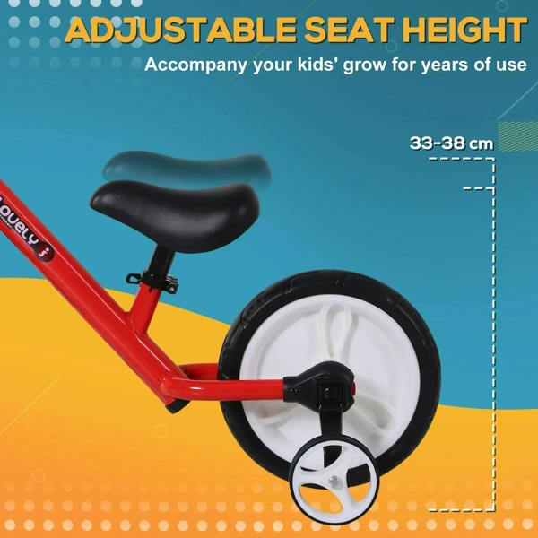 Red kids balance bike with adjustable seat height and white front wheel rim