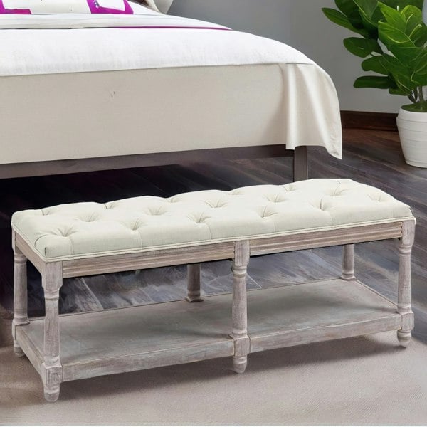 Rafaelo Mobilia Upholstered Wooden Bench Seat With Shelf Cream White