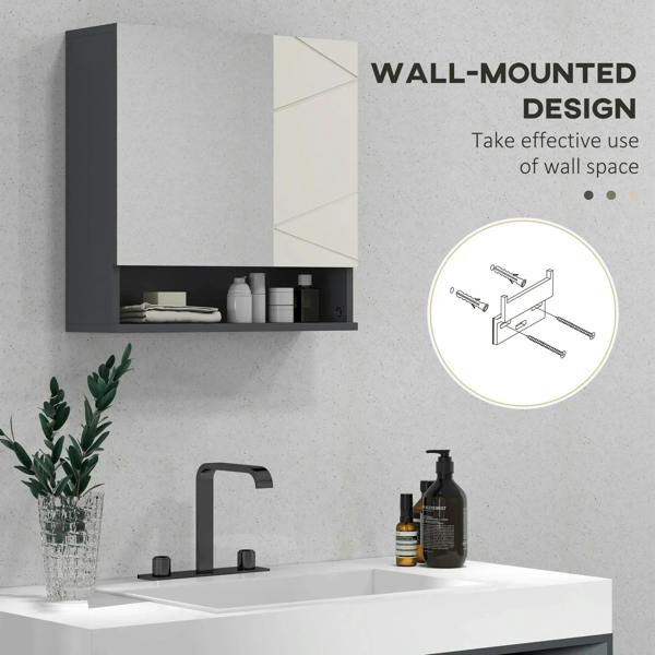 Wall-mounted bathroom mirror cabinet with open shelf and wall-mount hardware