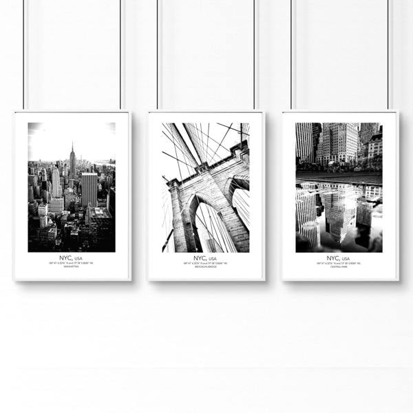 White and black art | set of 3 New York living room wall art