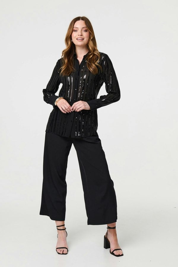 Black | Sequin Striped Sheer Long Sleeve Shirt
