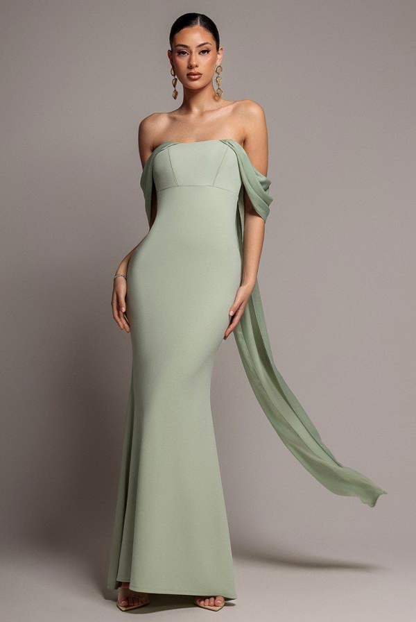 Off Shoulder Velvet Satin Wing Cape Maxi Dress - Sage Green DR5079