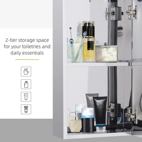 Mirror storage cabinet with two-tier interior shelves holding toiletries and skincare