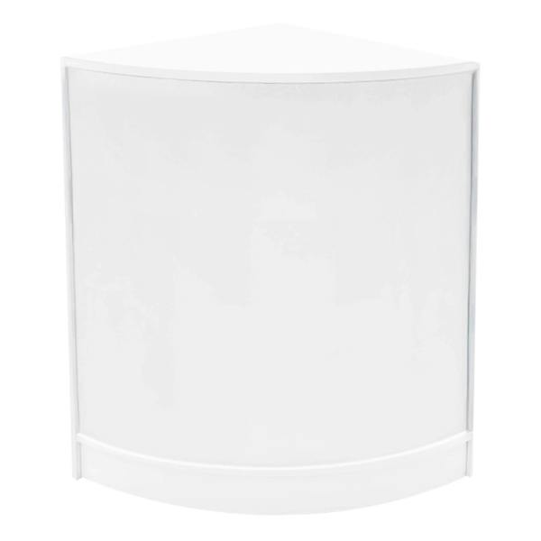 White corner shop counter with a smooth surface and rounded front, designed for displaying products in retail settings
