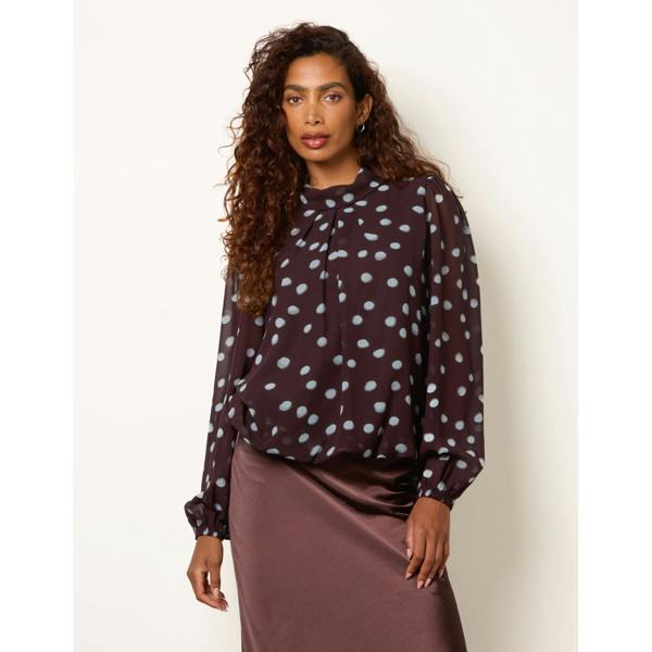 Blue Vanilla Polka Dot Cowl Neck Puff Ball Blouse