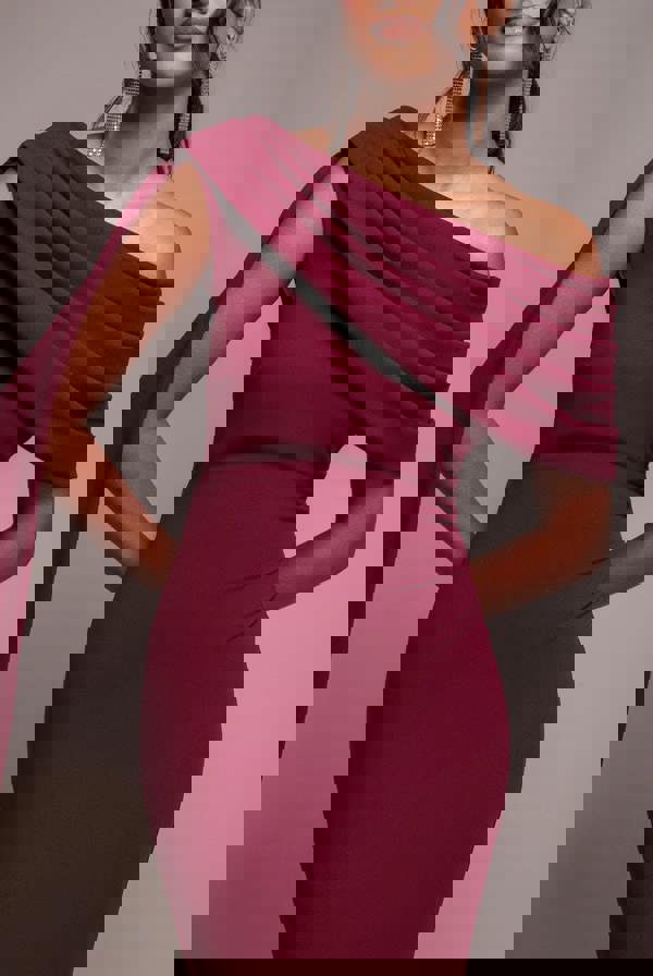 Sash One Shoulder Bardot Maxi Dress  - Burgundy DR4830