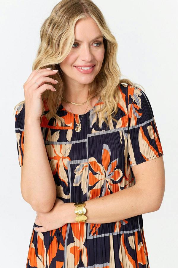 Orange | Floral Pleated Texture Midi Shift Dress