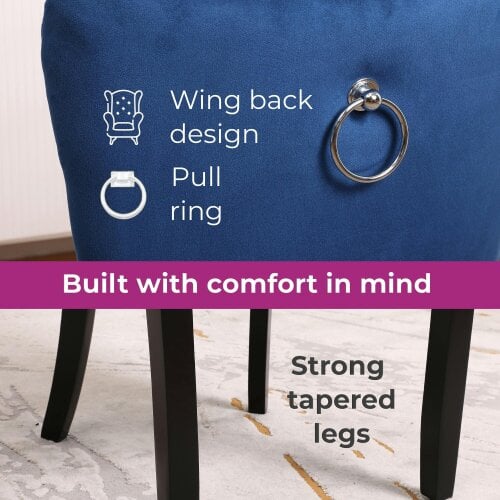 Neo Set Of Two Midnight Blue Studded Velvet Dining Chairs with Ring Knocker Detail