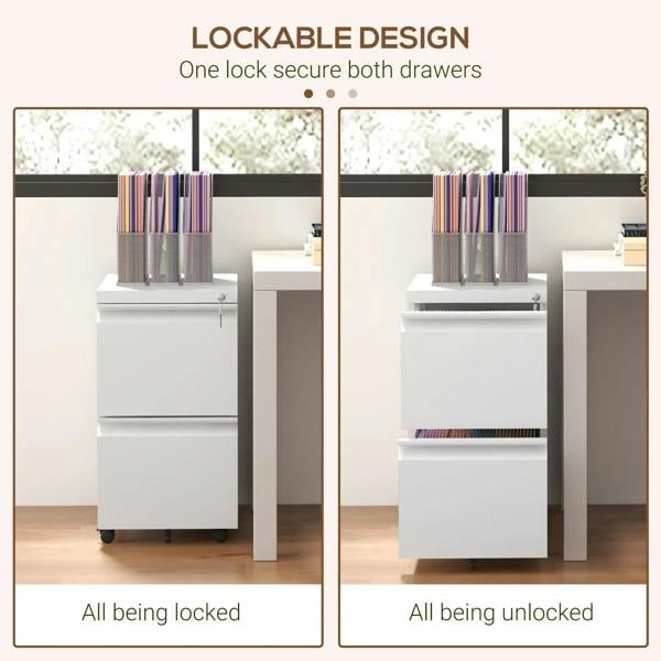 Instruction graphic showing locked and unlocked 2-drawer filing cabinet views