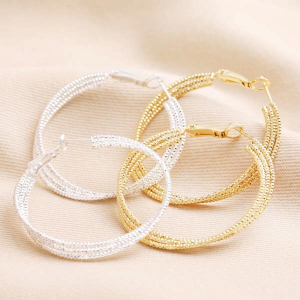 Gold Triple Layered Thread Hoop Earrings - product in use