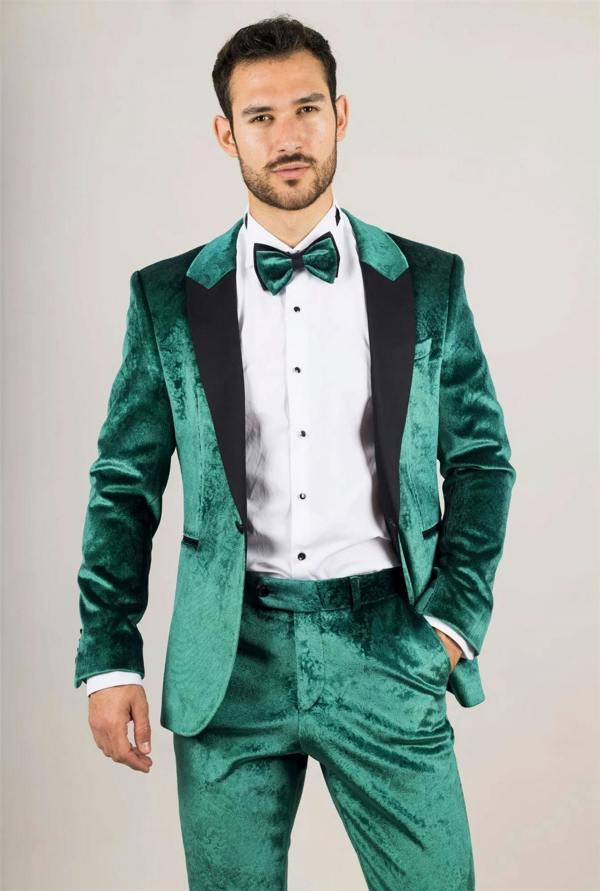 Infinity Leather Men's Green 3 Piece Velvet Wedding Tuxedo Formal Suit
