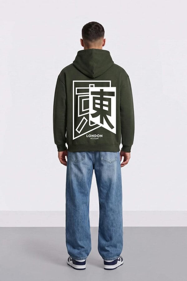 London Attitude Relaxed Fit Japanese Inspired  Graphic Hoodie - Green
