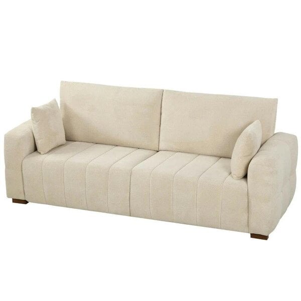 3 Seater Sofa, Upholstered Velvet Couch for Bedroom with Pillows, Padded Cushion and Wood Legs, Cream White