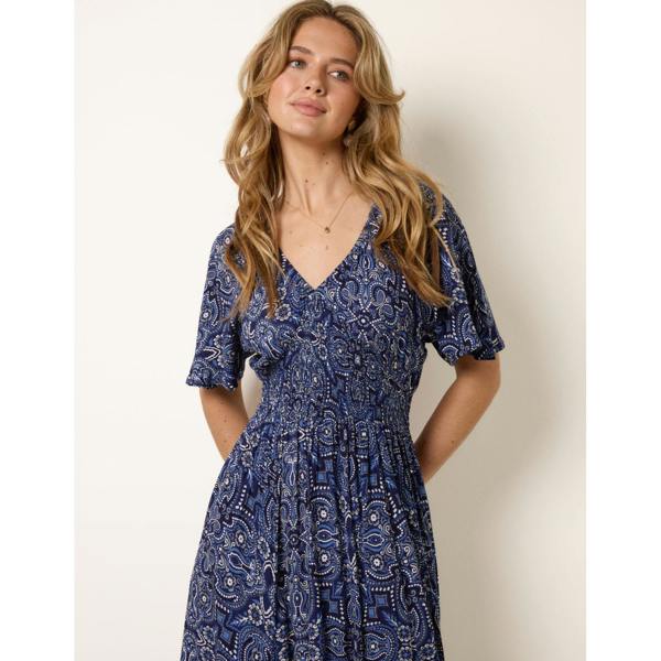 Blue Vanilla Shirred Waist Hanky Hem Paisley Print Dress