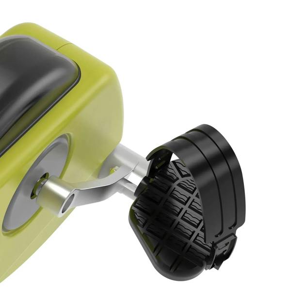 Close-up of black roller wheel and lime green flywheel cover on a folding exercise bike