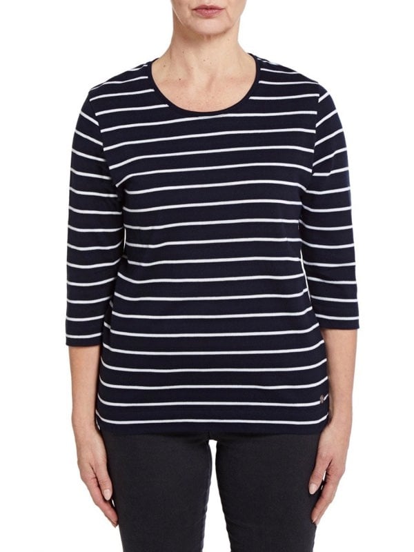 PennyPlain Scoop Neck Striped Top Top - Navy