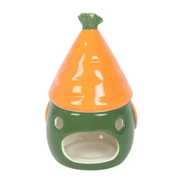 Orange and green ceramic oil burner with open bowl and green leafy knob