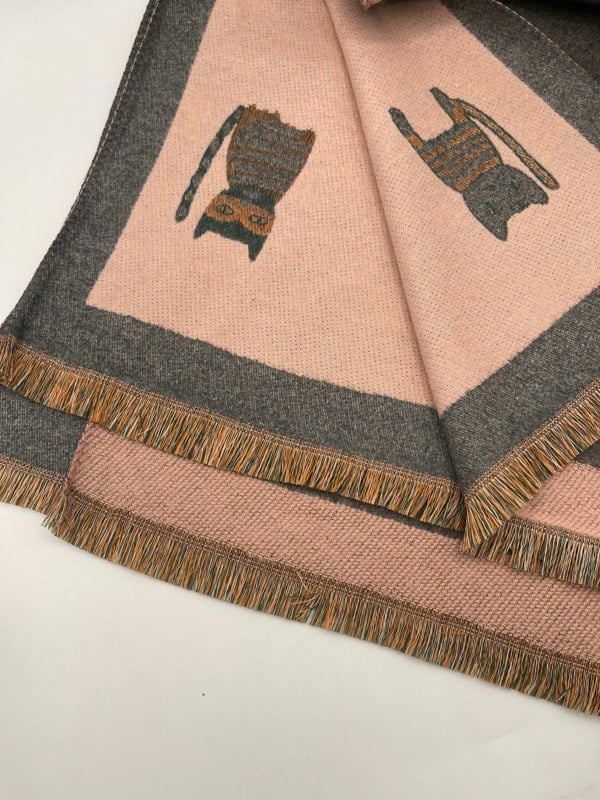 SVNX Cat Printed Scarf in Pink & Grey - Wool Blend