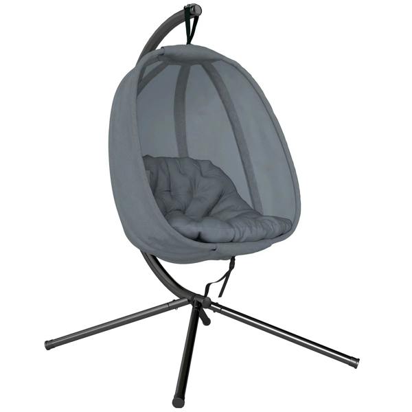 Grey hanging egg chair swing hammock with quilted cushion on stand