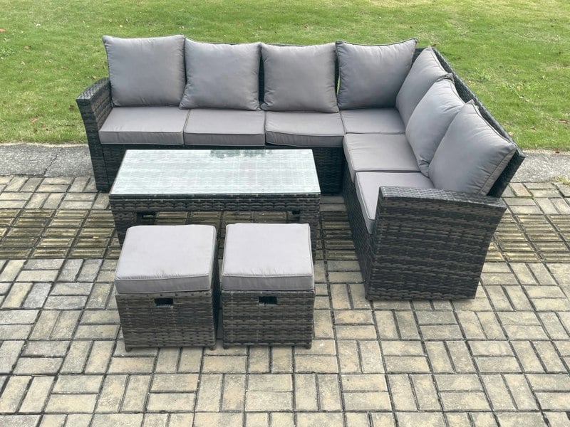 Fimous 8 Seat Rattan Garden Furniture Corner Sofa Set Outdoor Patio Sofa Table Set with 2 Small Footstools Dark Grey Mixed