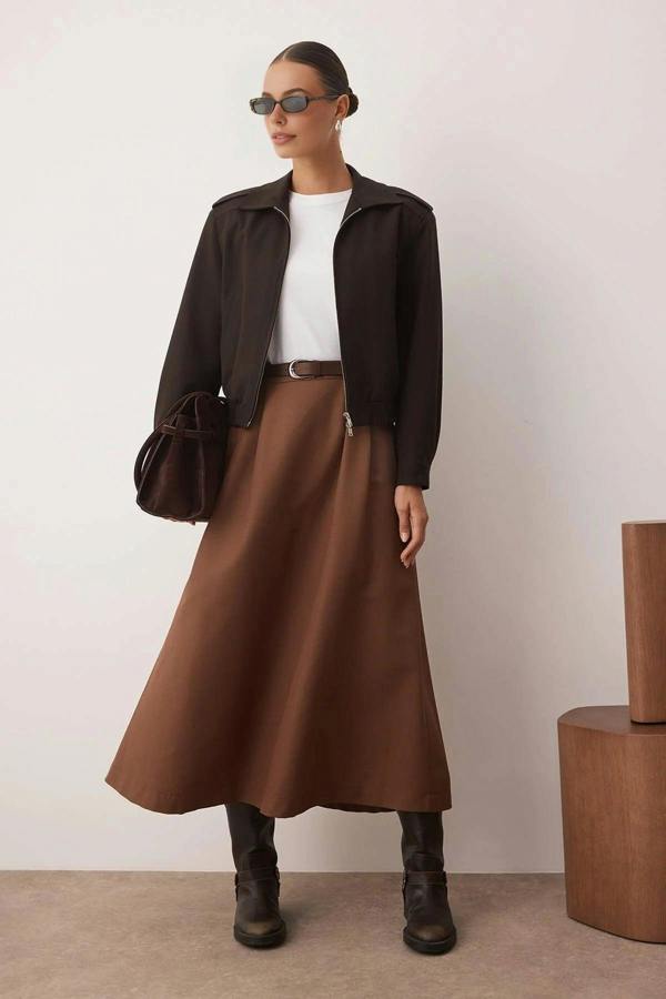 WOVCOR Unlined Woven Skirt with Belt Detail